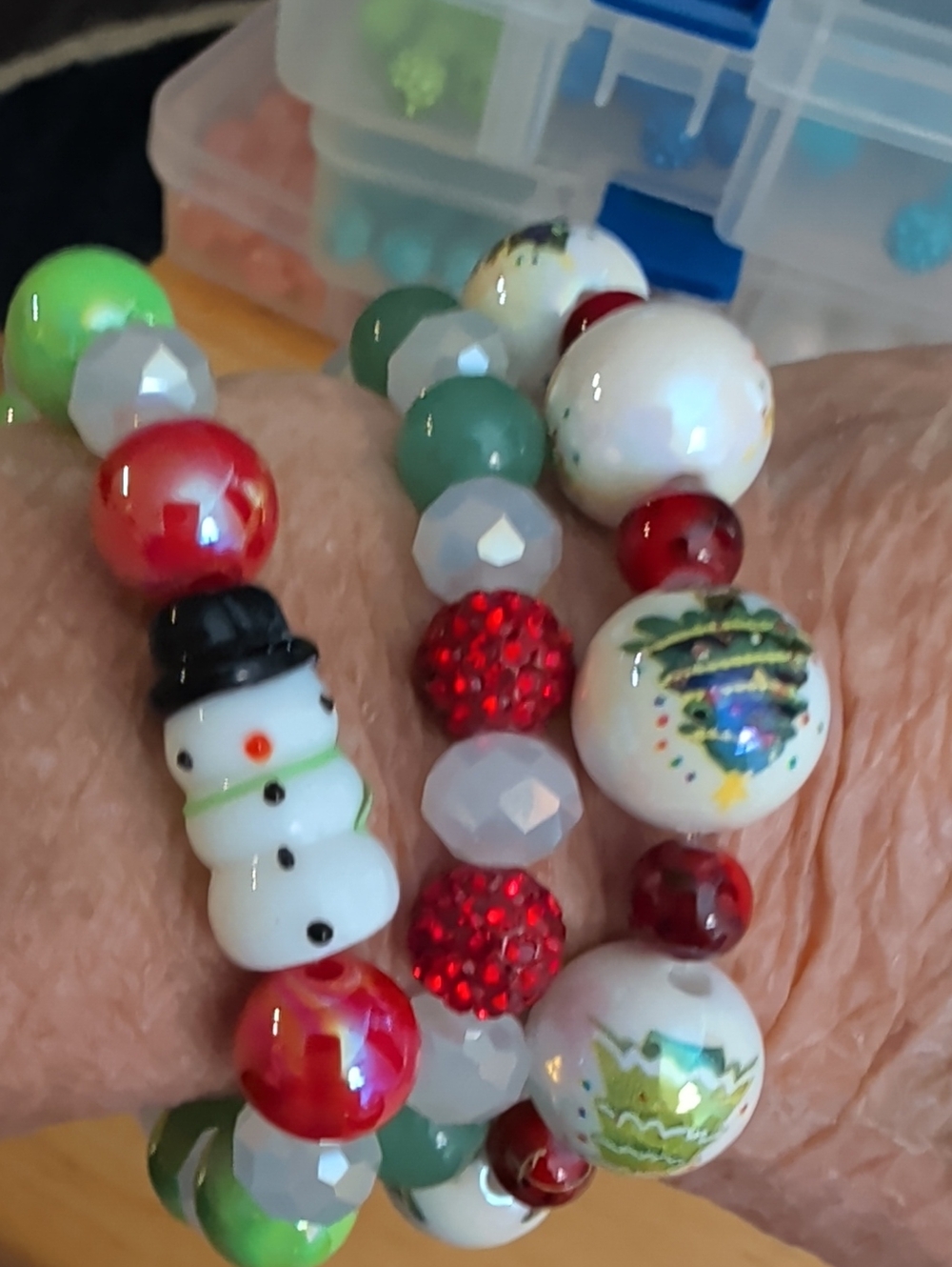 Festive Christmas Beaded Stretch Bracelets - Snowman & Holiday Ornaments NWOT